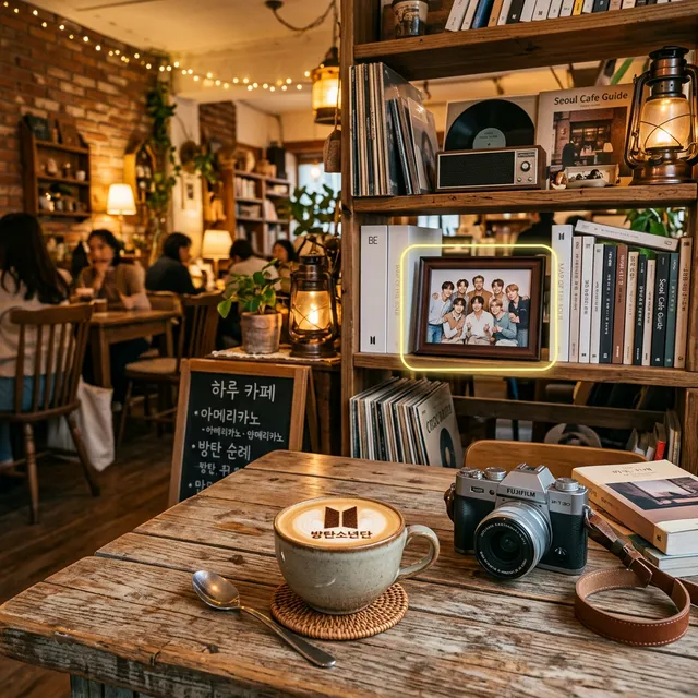 Vibrant landscape view of a cozy, warm-lit Seoul cafe interior featuring vintage wooden furniture and a subtle framed BTS photograph on the bookshelf. A coffee cup with latte art sits on a rustic table next to a retro camera, optimized as a photorealistic thumbnail for a BTS Fans' Pilgrimage blog post.